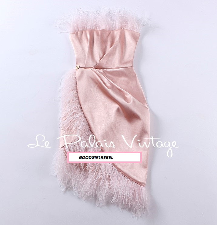 Le palais vintage one-of-a-kind elegant pink ostrich feather satin dress - Redsi