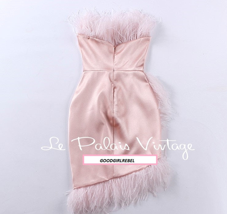 Le palais vintage one-of-a-kind elegant pink ostrich feather satin dress - Redsi