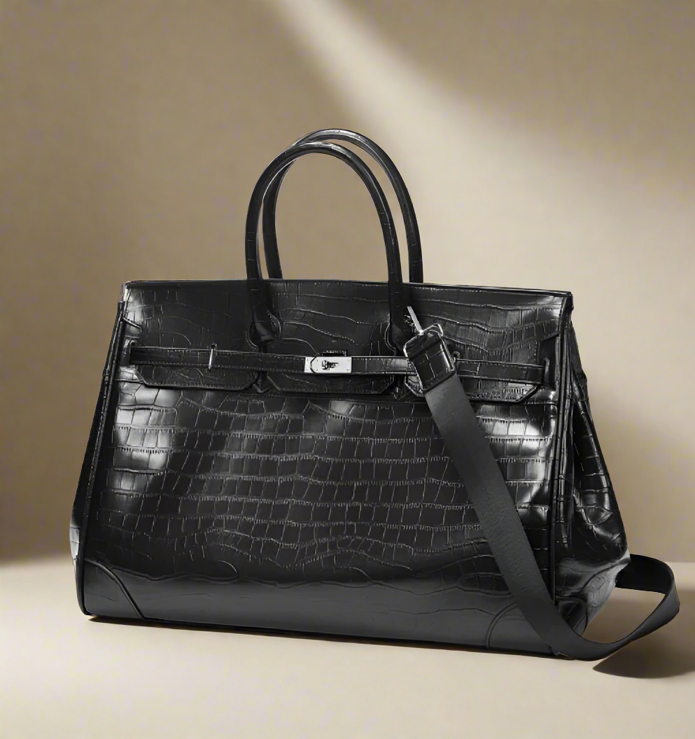 Black Platinum birkin inspired croc pattern overnight weekend tote high street travel weekender bag