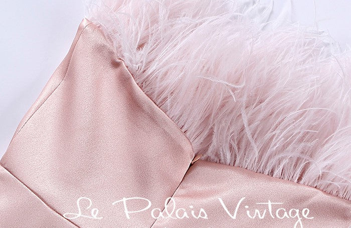 Le palais vintage one-of-a-kind elegant pink ostrich feather satin dress - Redsi