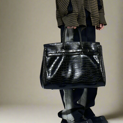 Black Platinum birkin inspired croc pattern overnight weekend tote high street travel weekender bag