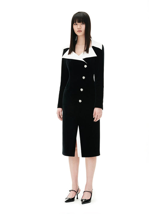 YES BY YESIR  autumn winter dark night velvet white collar dress - Bakai