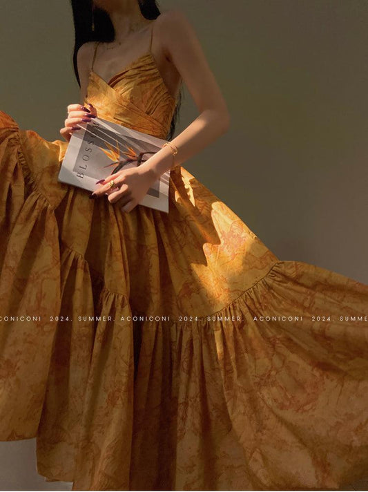 Aconiconi Elegant Yellow Printed V-Neck Sleeveless Long Dress- Late Summer Dusk