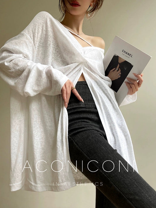 Aconiconi Elegant Versatile V-Neck Long Sleeve Knitted Large Cowl Shirt- Anne's Time