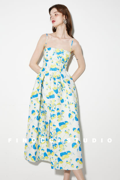 French yellow blue printed jacquard  puffy dress- Nicco