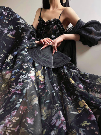 Aconiconi Luxury Black Flower Print  Slim Waist vacation Dress- Huachen Yueying