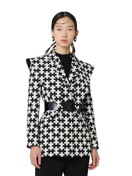 YES BY YESIR autumn winter black white puzzle print suit jacket - Resan