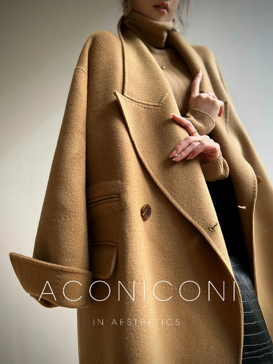 Aconiconi Elegant Brown Suit Collar Double Breasted Long Sleeve Long Coat- Ximu Lover