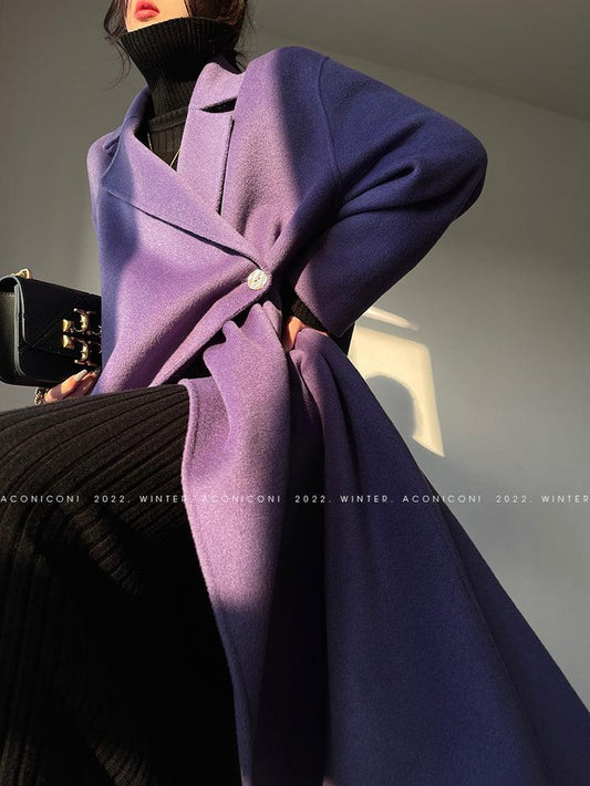 Aconiconi Luxury Purple Lapel Long Sleeve Long Straight Winter Coat- Taro