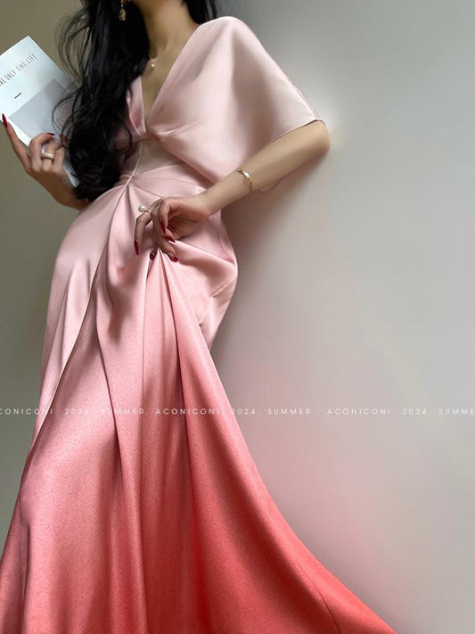 Aconiconi Elegant Peach V-Neck Batwing Sleeve Long Wedding Guest Dress- Sweet wine