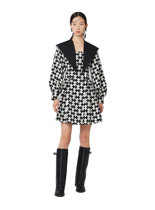 YES BY YESIR high-end black white puzzle houndstooth lapel long sleeve dress - Resan