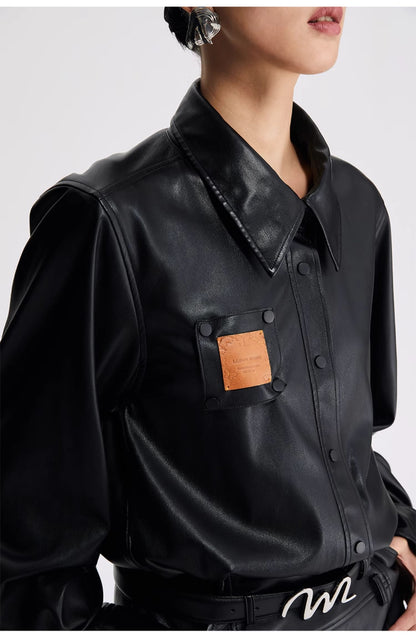 LEDIM W Autumn New Curved Corner Wide PU Leather Shirt - Iwo