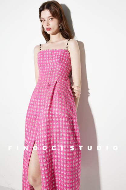 Pink Tweed Delicate Sequins Flat Beaded dress - Cueiw