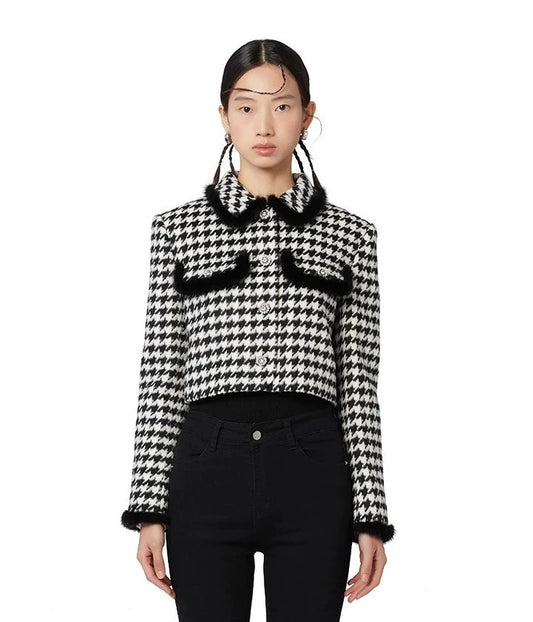 YES BY YESIR black houndstooth short coat - Jacki