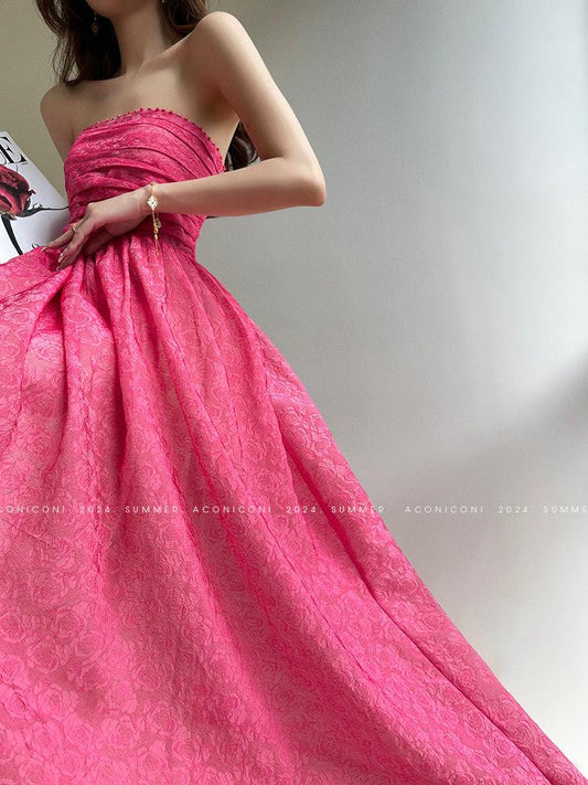 Aconiconi Elegant Magenta pink strapless Long French Dress- Chanson Riche