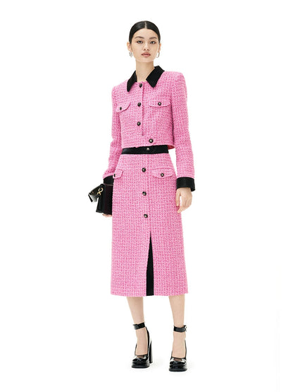 YES by YESIR Barbie pink autumn winter short jacket mini pencil skirt- Tiggan