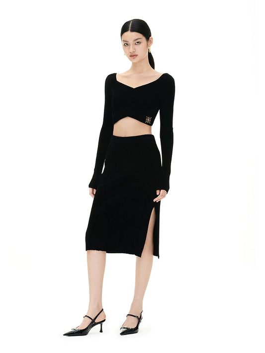 YES BY YESIR elegant sexy knitted black skirt cropped top - Fei