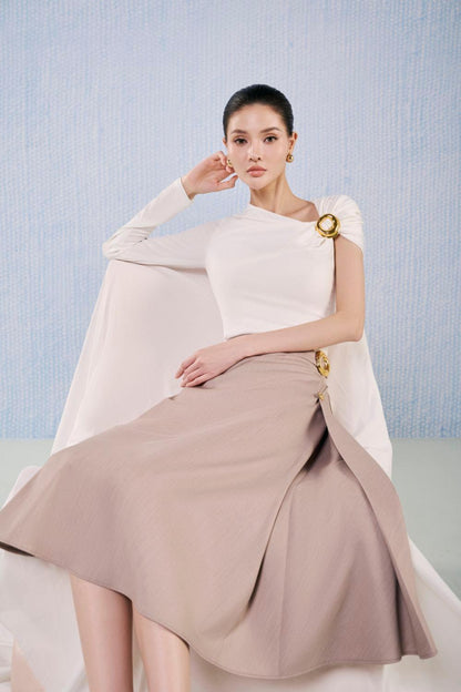 White Plan A-line Flared Viscose draped pleat Midi Skirt - Pyrite Skirt