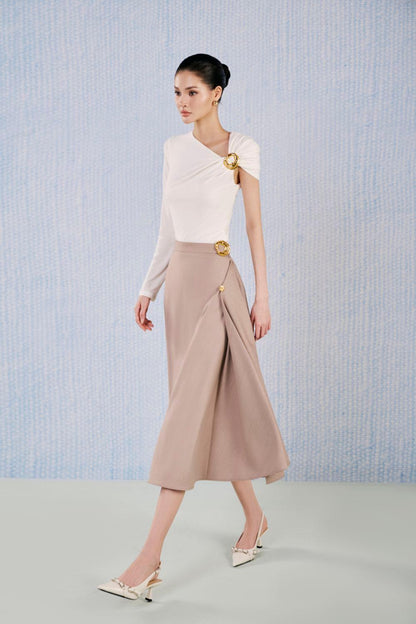 White Plan A-line Flared Viscose draped pleat Midi Skirt - Pyrite Skirt