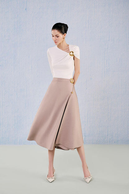 White Plan A-line Flared Viscose draped pleat Midi Skirt - Pyrite Skirt