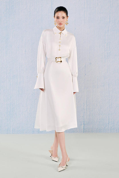 White Plan Gold button belted A-line Cuff long Sleeved Silk Blend Midi Dress - Ruby