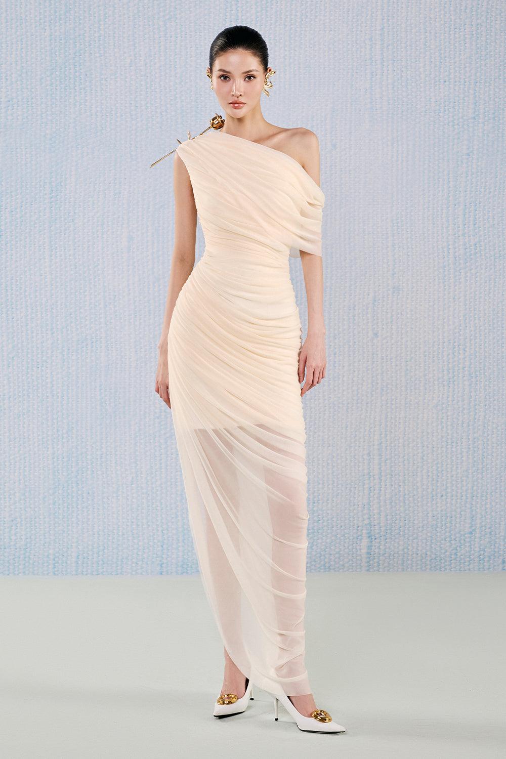 White Plan Asymmetric off-shoulder Gathered Viscose Floor Length draped nude dress - Topaz