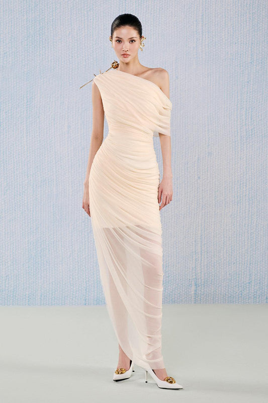 White Plan Asymmetric off-shoulder Gathered Viscose Floor Length draped nude dress - Topaz