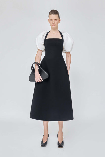 White retro elegant pufff sleeve midi lbd dress - Sonata Donda