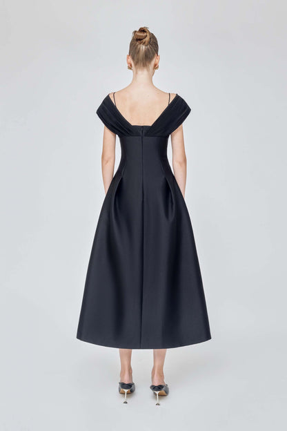 White pleated sleeve dress puff skirt elegant cocktail lbd midi dress - JANELLE