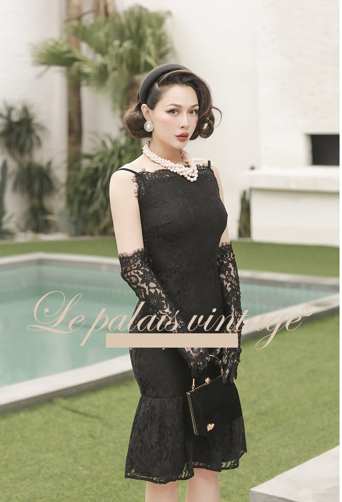 le palais vintage original retro elegant slim thin black lace backless fishtail dress