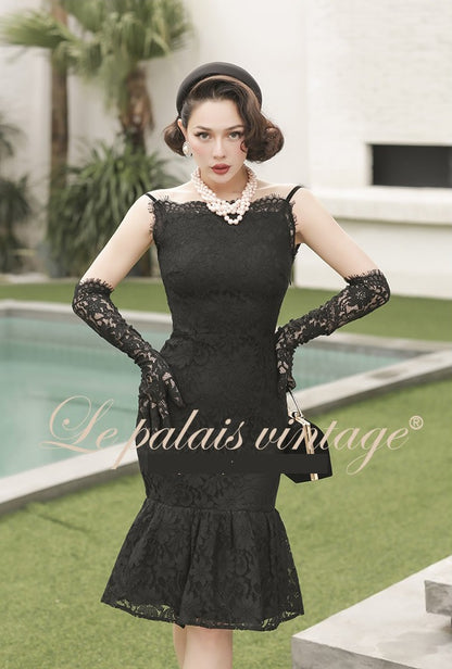 le palais vintage original retro elegant slim thin black lace backless fishtail dress