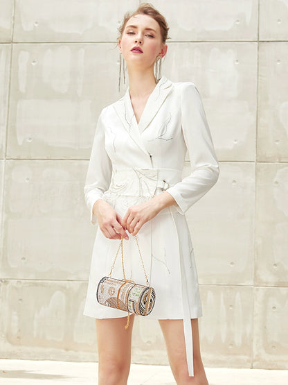 SIDUO Luxury long sleeve V-neck mid waist mid skirt embroidery white dinner dress-Beatrice  ( V )