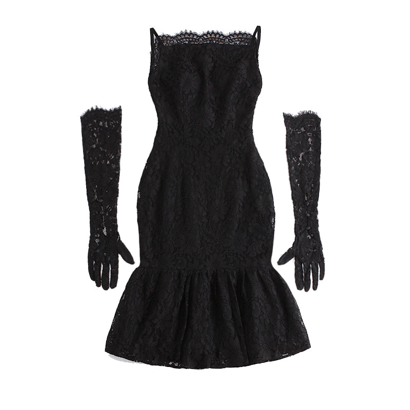 le palais vintage original retro elegant slim thin black lace backless fishtail dress