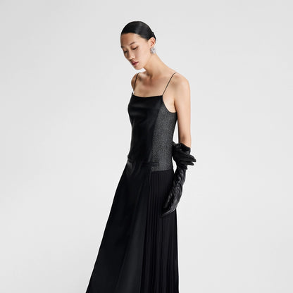 LEDIM W French Retro Pleated cinched maxi long sleeveless black evening dress - Xellia