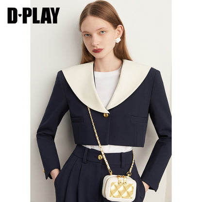 Fall autumn vintage navy collar high-waisted short coat - Wiole