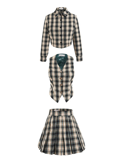 Le Palais Vintage High End Plaid Vest Shirt Pleated Sexy Office Suit Skirt-Stella