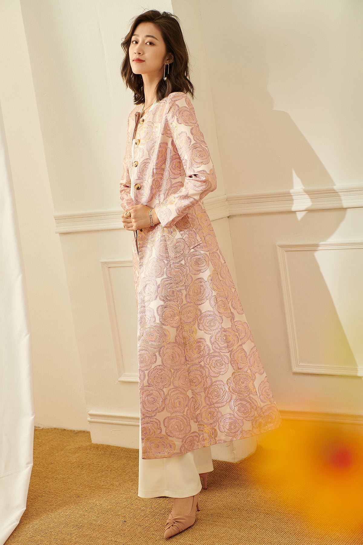 Luxury nude pink gold jacquard embroidery rose long exquisite coat- Nia