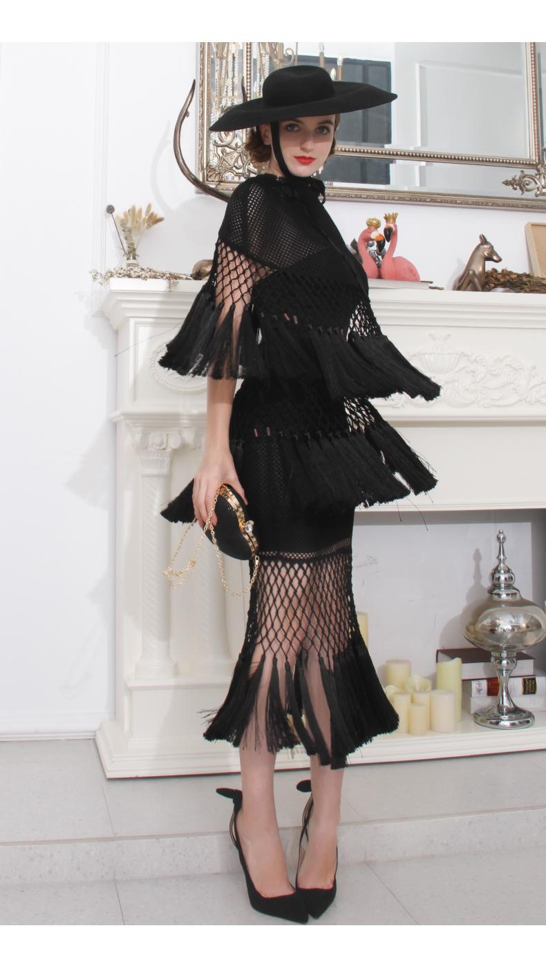 High end one of a kind woven open mesh net tassle hem skirt and blouse GOOD GIRL REBEL