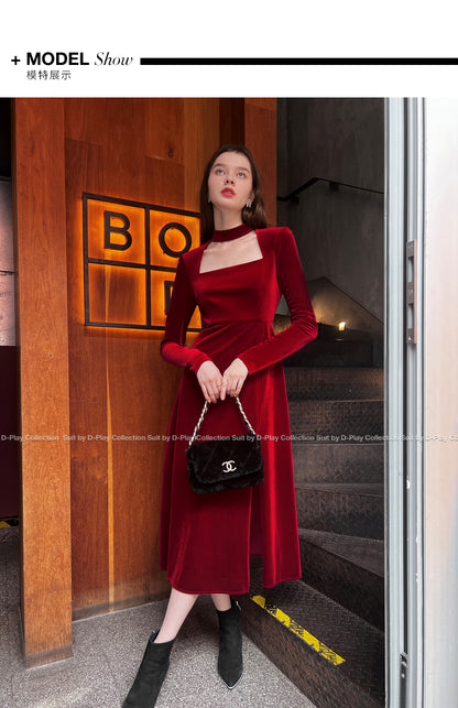 autumn winter French retro square neck lady style wine red velvet slit dress light dress - Esther