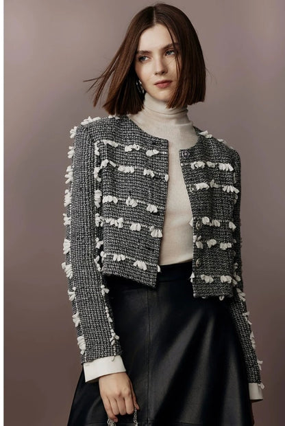 PURITY Exquisite design tweed three-dimensional short coat lambskin skirt- Saxa