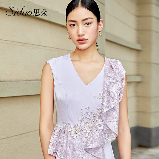 SIDUO Elegant midi sleeveless V-neck mid waist ruffle lush purple lace dinner dress-Patricia ( V )