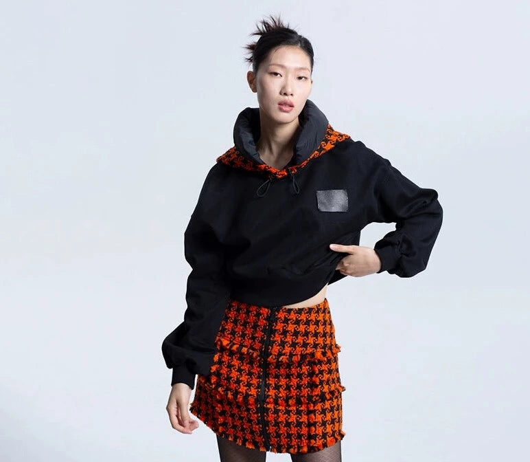 LEDIM W Patchwork luxury orange houndstooth plaid hooded black sweat shirt pullover -Haiei