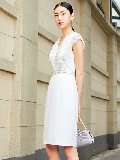 SIDUO Elegant Summer midi sleeveless V-neck slim fit mid skirt white simple dinner dress-Rosa ( V )