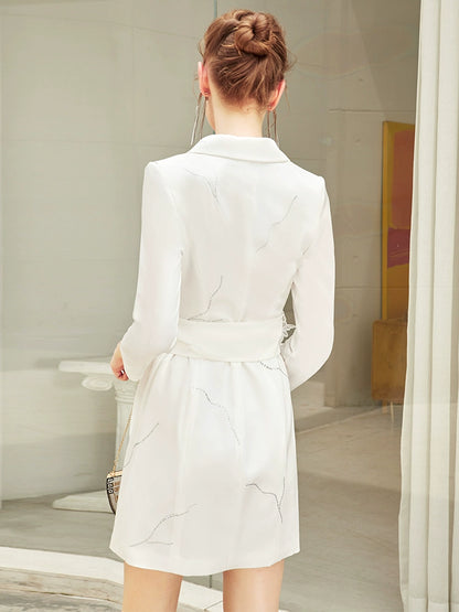 SIDUO Luxury long sleeve V-neck mid waist mid skirt embroidery white dinner dress-Beatrice  ( V )