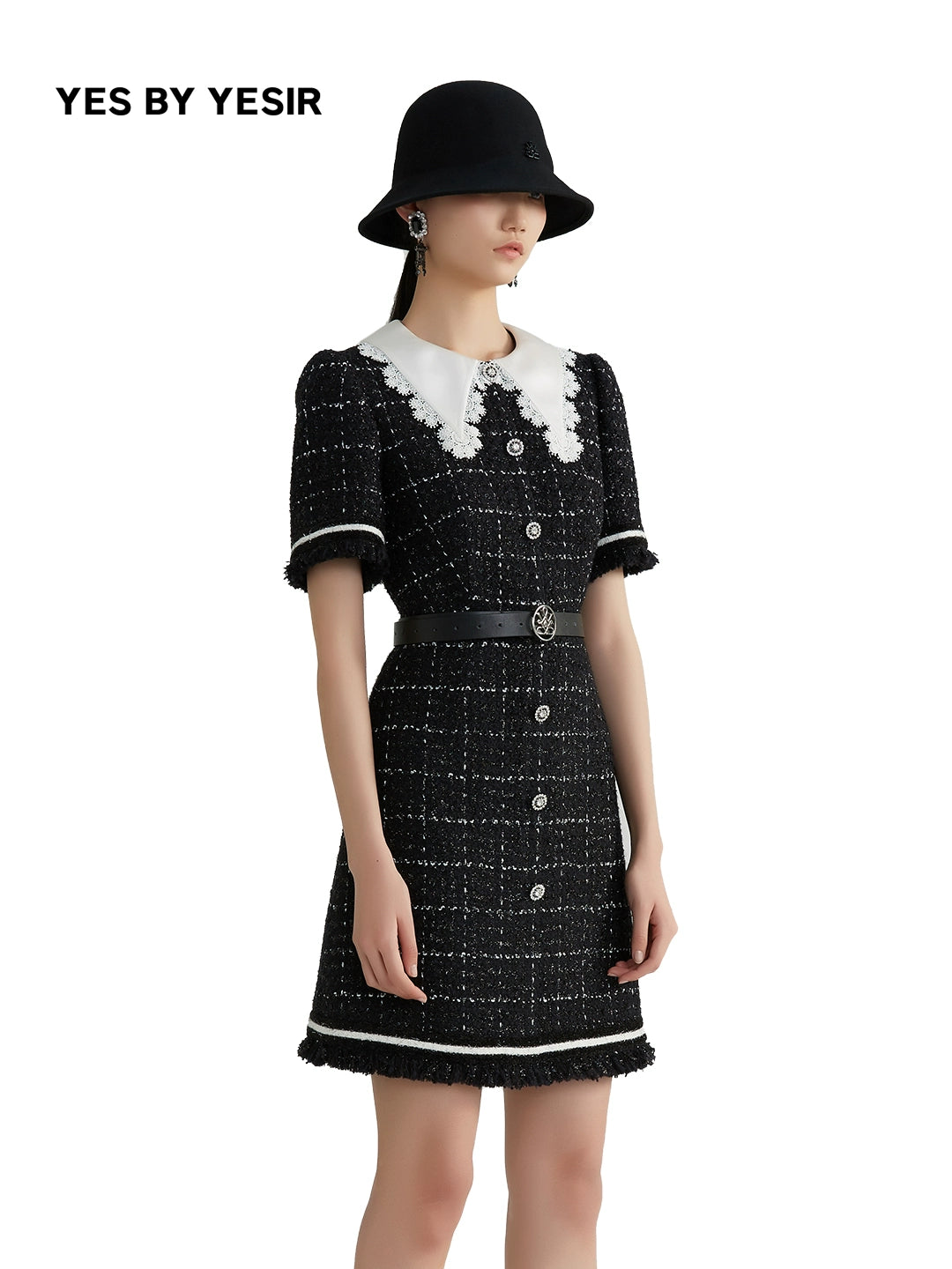 YES BY YESIR Luxury  black playful collar tweed dress - Ikal