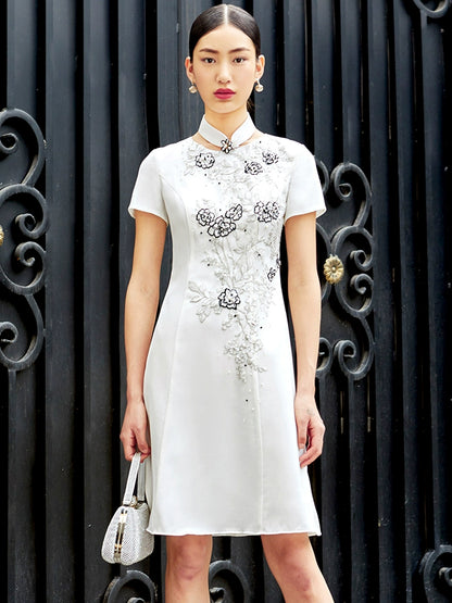 SIDUO Elegant midi short sleeve mid waist Chinese style white banquet dress-Jane  ( V )