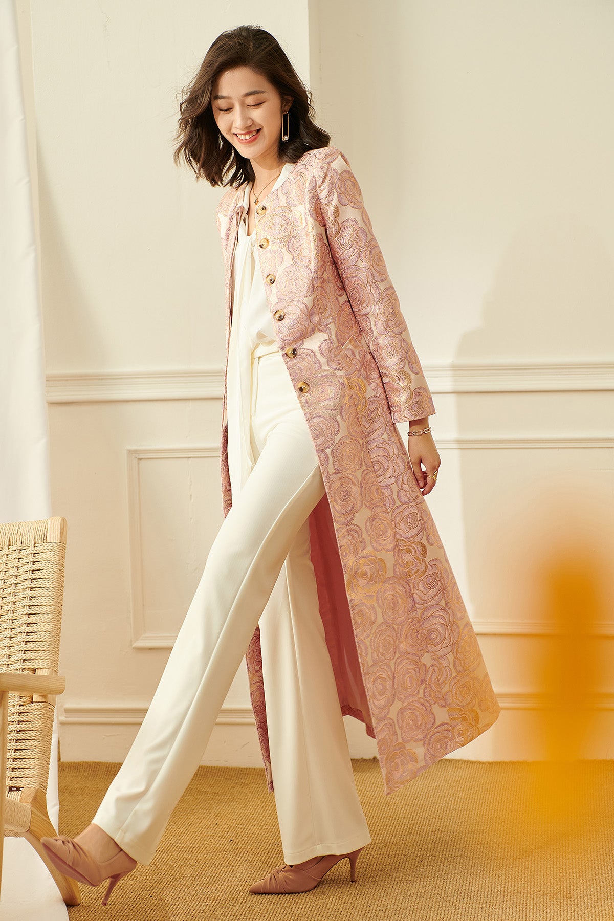 Luxury nude pink gold jacquard embroidery rose long exquisite coat- Nia