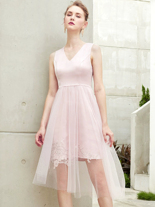 SIDUO Elegant mid skirt sleeveless deep V-neck mid waist A-line pastel pink party dress-Sara  ( V )