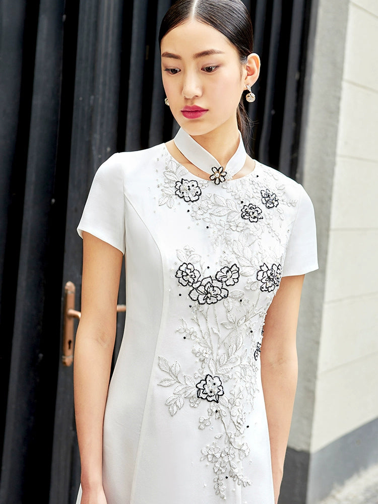 SIDUO Elegant midi short sleeve mid waist Chinese style white banquet dress-Jane  ( V )