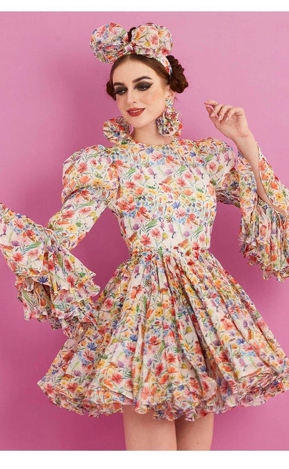 Long sleeve pleaded mini elegant cocktail floral dress- Fiona